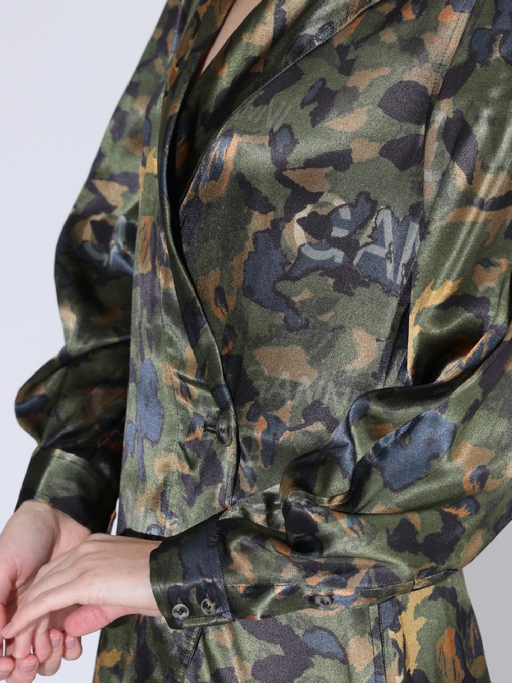 Ganni Satin Camo Wrap Midi Dress - Olive, Black, Brown - Picture 3 of 12
